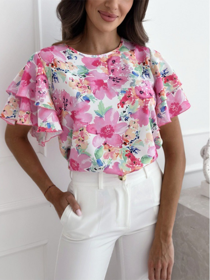 Women’s Floral Ruffled Short Sleeve Blouse