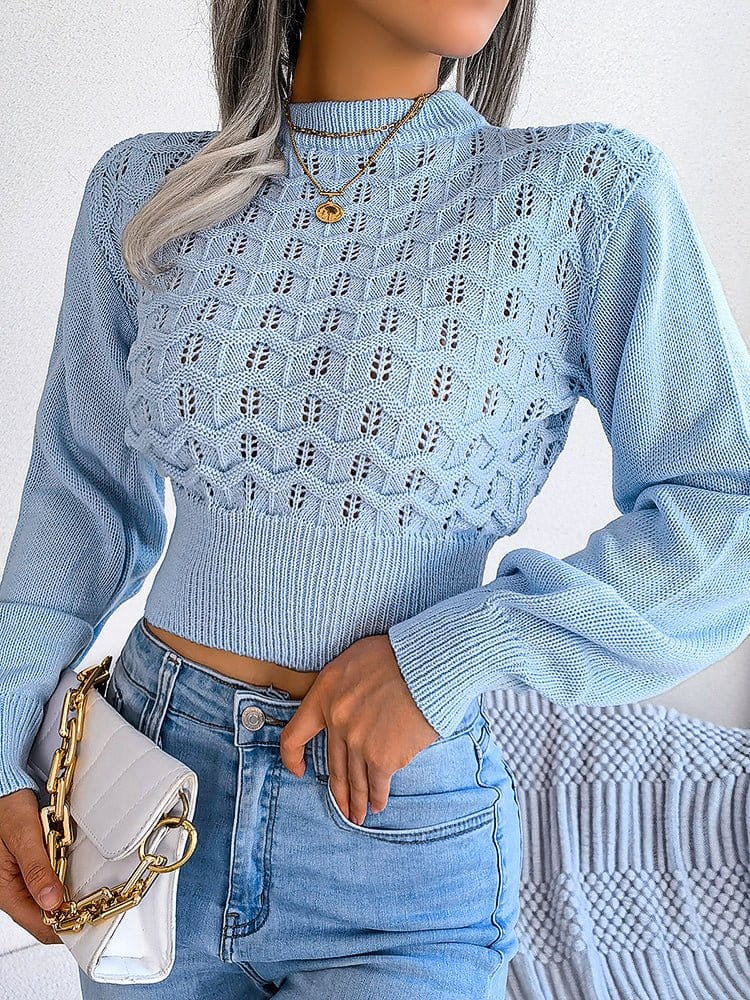 Cutout Striped Balloon Sleeve Cropped Knit Sweater