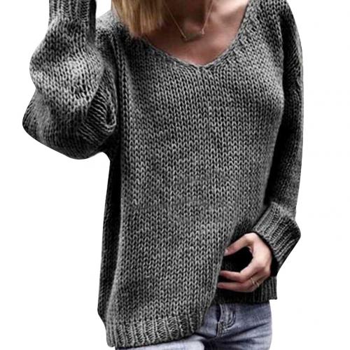 Loose Solid Color Knitted Sweater V Neck Long Sleeve Sweater - MomyMall S / Light Blue