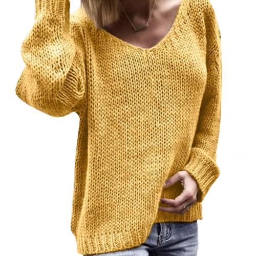 Loose Solid Color Knitted Sweater V Neck Long Sleeve Sweater - MomyMall S / Dark Gray