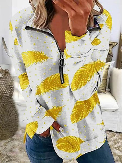 Women's T-Shirts Feather Print Lapel Zipper Long Sleeve T-Shirt - T-Shirts - INS | Online Fashion Free Shipping Clothing, Dresses, Tops, Shoes - 19/11/2021 - 20-30 - color-black