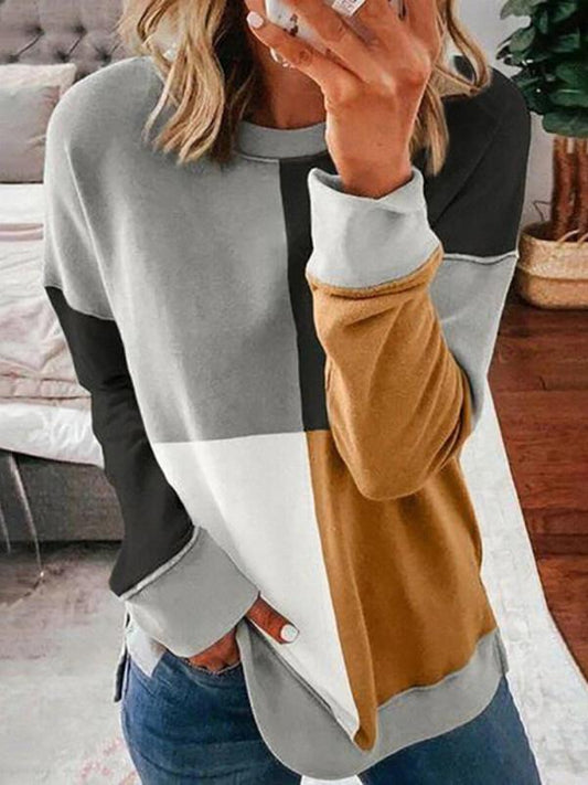 Women's T-Shirts Four Color Stitching Round Neck Long Sleeve T-Shirt - T-Shirts - Instastyled | Online Fashion Free Shipping Clothing, Dresses, Tops, Shoes - 03/12/2021 - 20-30 - color-brown